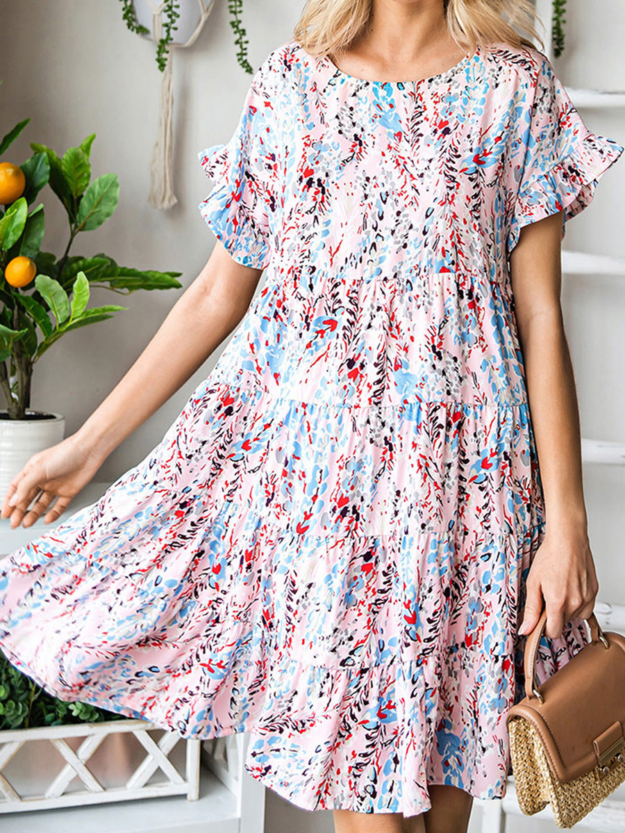 Short Sleeve Printed Dress Summer Casual Layered Ruffles