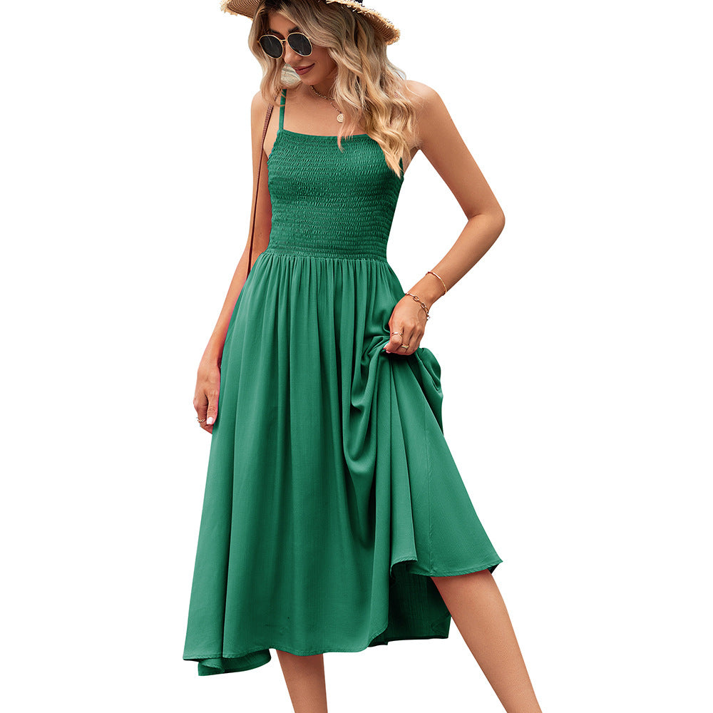 Square Collar Pleated Bohemian Strap Dress for Women