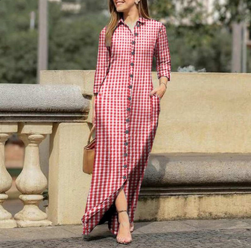 Women's Long Sleeve Plaid Maxi Dress Lapel Collar and Button Dress