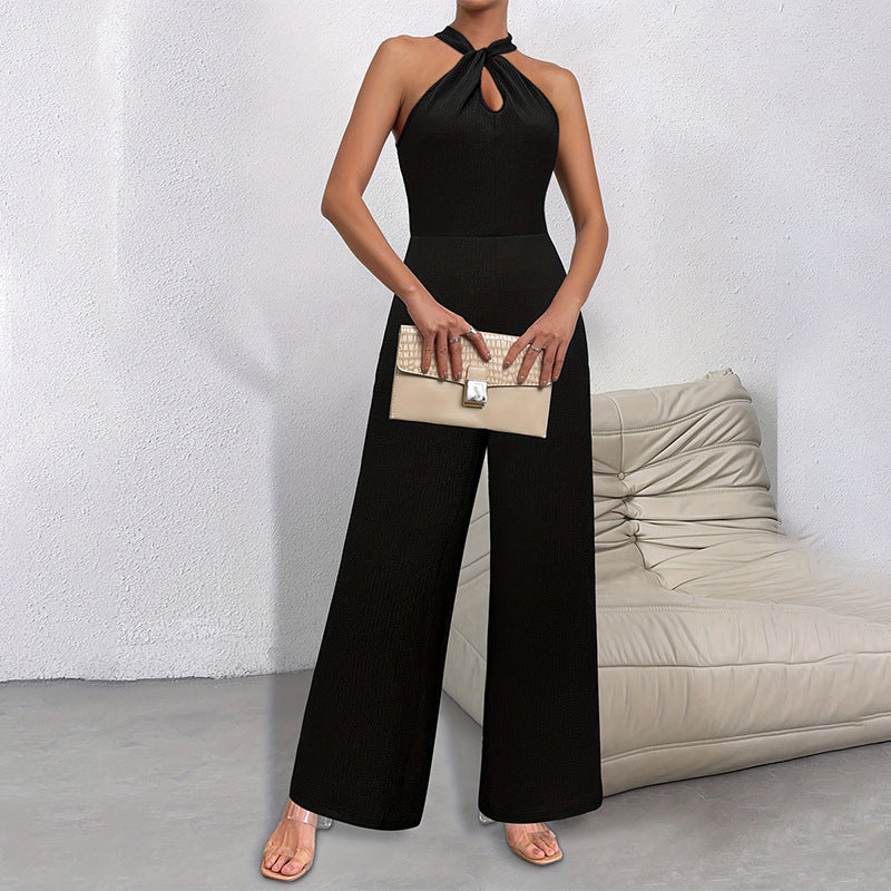 Elegant Solid Color Halter Sleeveless Long Jumpsuit - Commuter Style