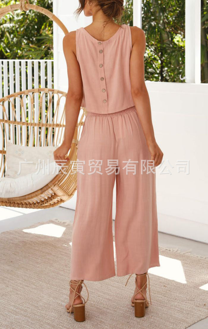Casual Sleeveless Buckle Vest with Double Pocket Wide Leg Pants Suit