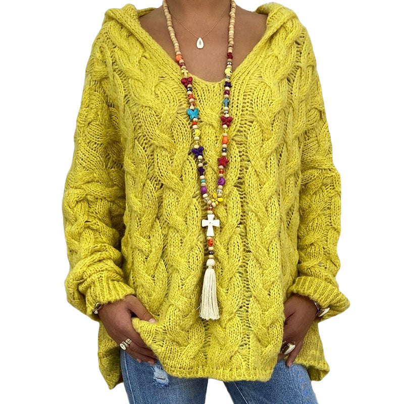 Women's Twist Knitted Hoodie Sweater Solid Color for a Cozy and Stylish Look