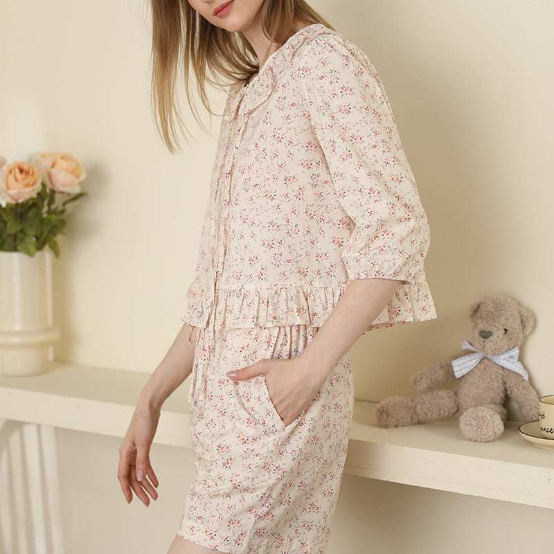 Floral Cardigan Pajama Set Lace Collar