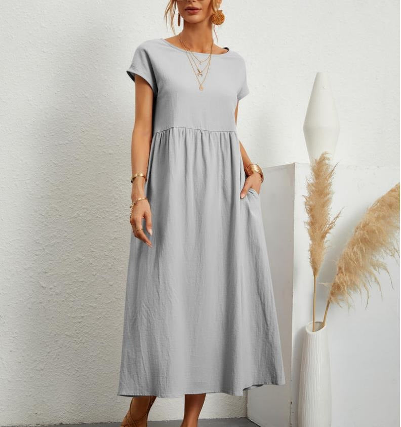 Women Solid color sleeveless loose pocket cotton linen dress