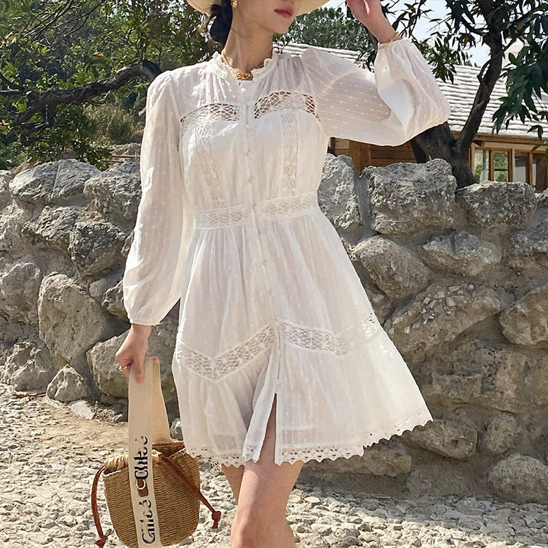 Women's Long Sleeve French Style White Vacation Dress