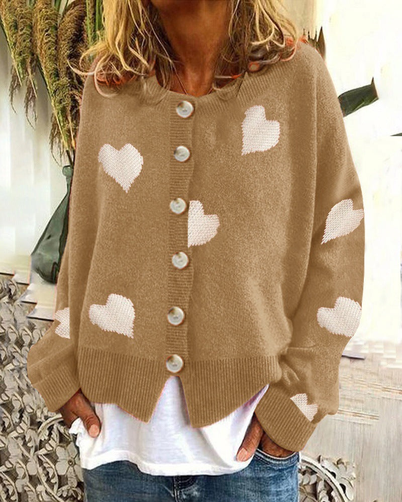 Women's Single-Breasted Cardigan Knitwear Coat Outwear with Heart Motif