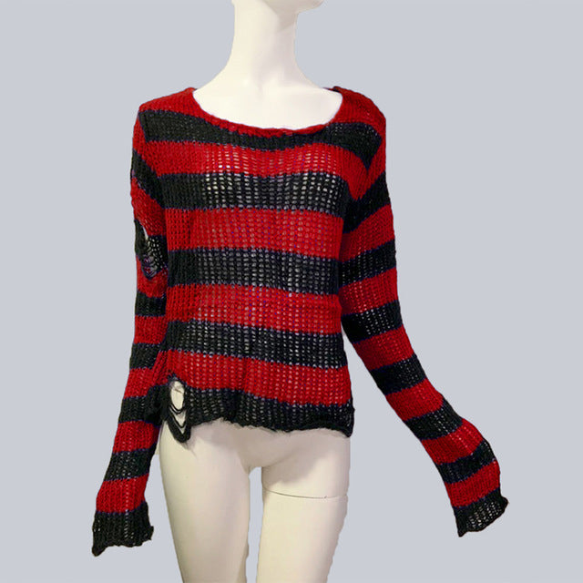 Womens Striped Loose Knitwear With Ripped Mid-length Sweater