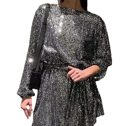 Fashionable sequin sequin color waistband dress