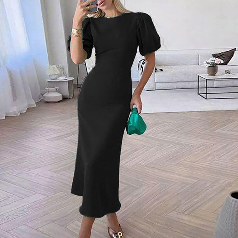 Lantern Sleeve Waist Trimming Fashion Slim Long Dress