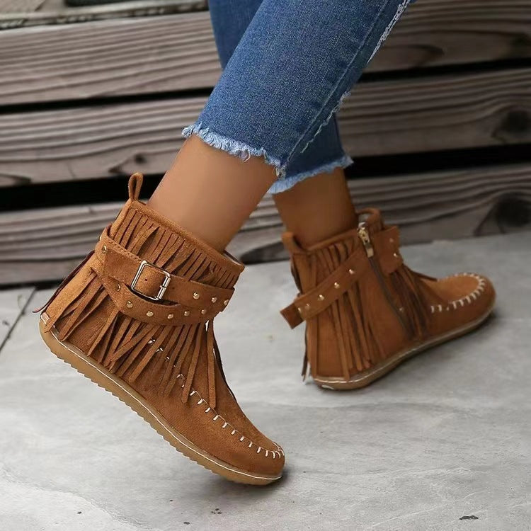 Winter Boots for Women - Retro Ankle Boots with Rivet Tassel and Flat