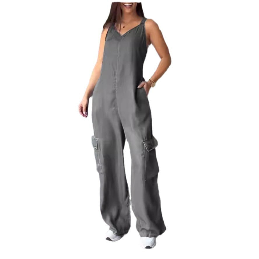 European and American Style V-Neck Jumpsuit with Thin Jeans Fabric and Pockets