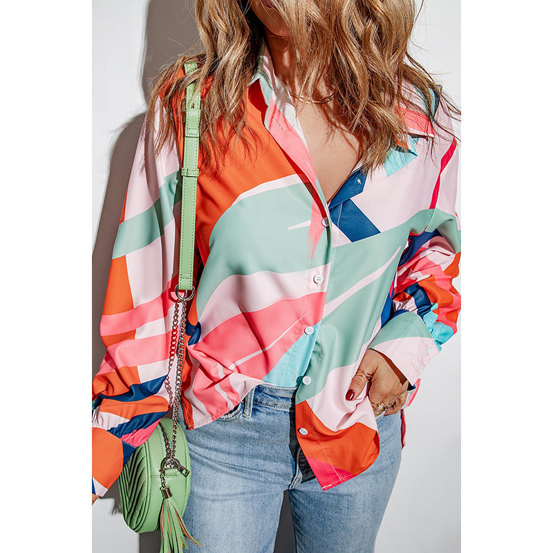 Printing Color Contrast Thin Long-sleeved Top For Women
