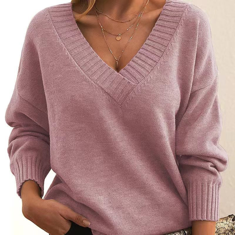 New Knitted Loose V-neck Pullover Top for Women