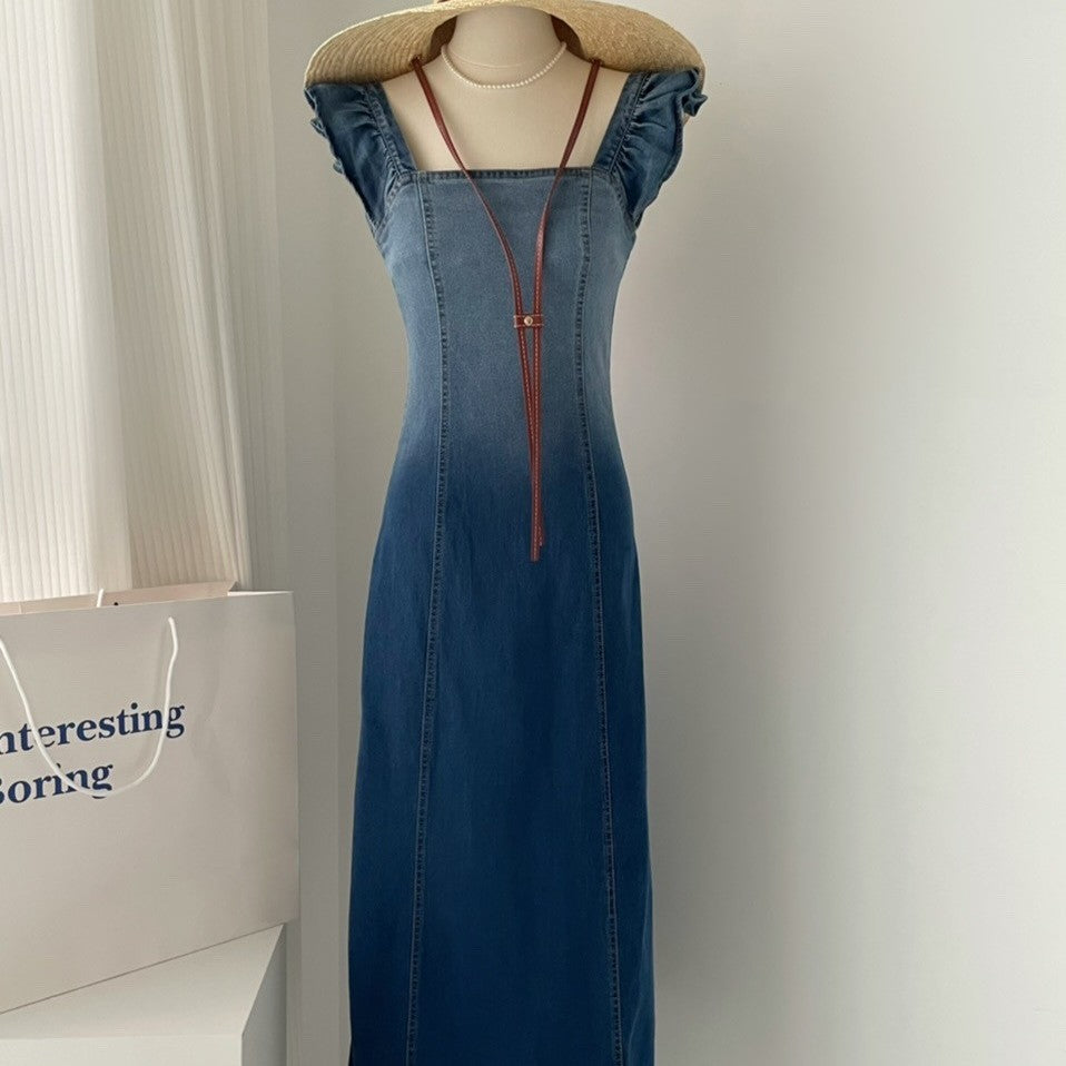 Simple Denim Gradient Small Flying Sleeve Raw Edge Dress