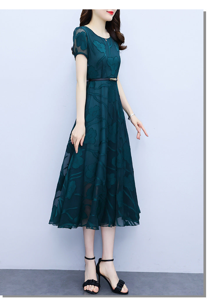 Fashion Round Neck Slim Fit Patchwork Chiffon Jacquard Dress