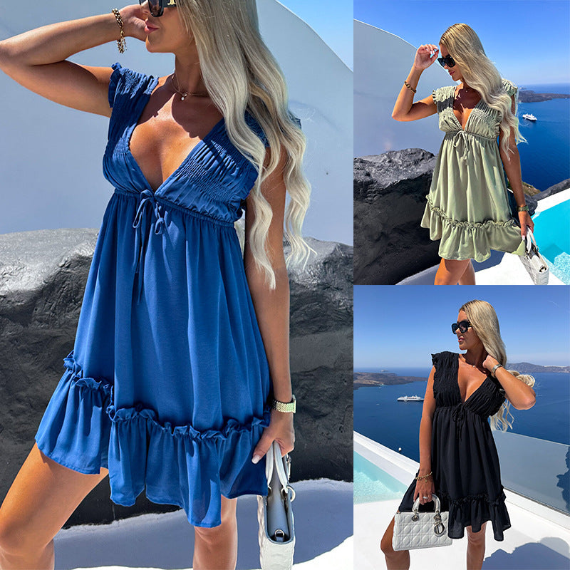 Solid Color Fashion Casual Waist Tight Lace-up Pleated Ruffle Sleeve Dress