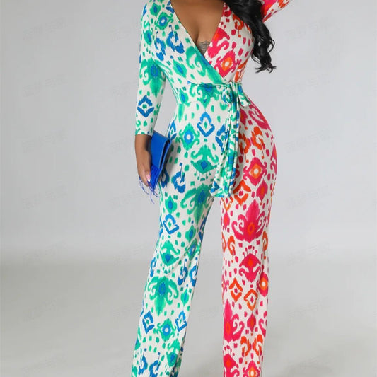 Casual Printed Color-Blocking Jumpsuit for Women