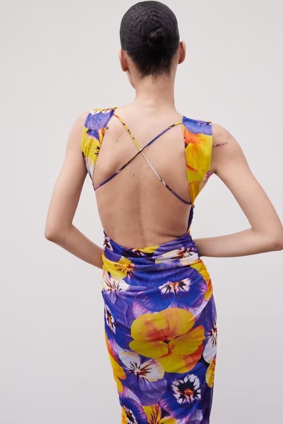 Spring And Summer Backless Silk Net Printing Dress