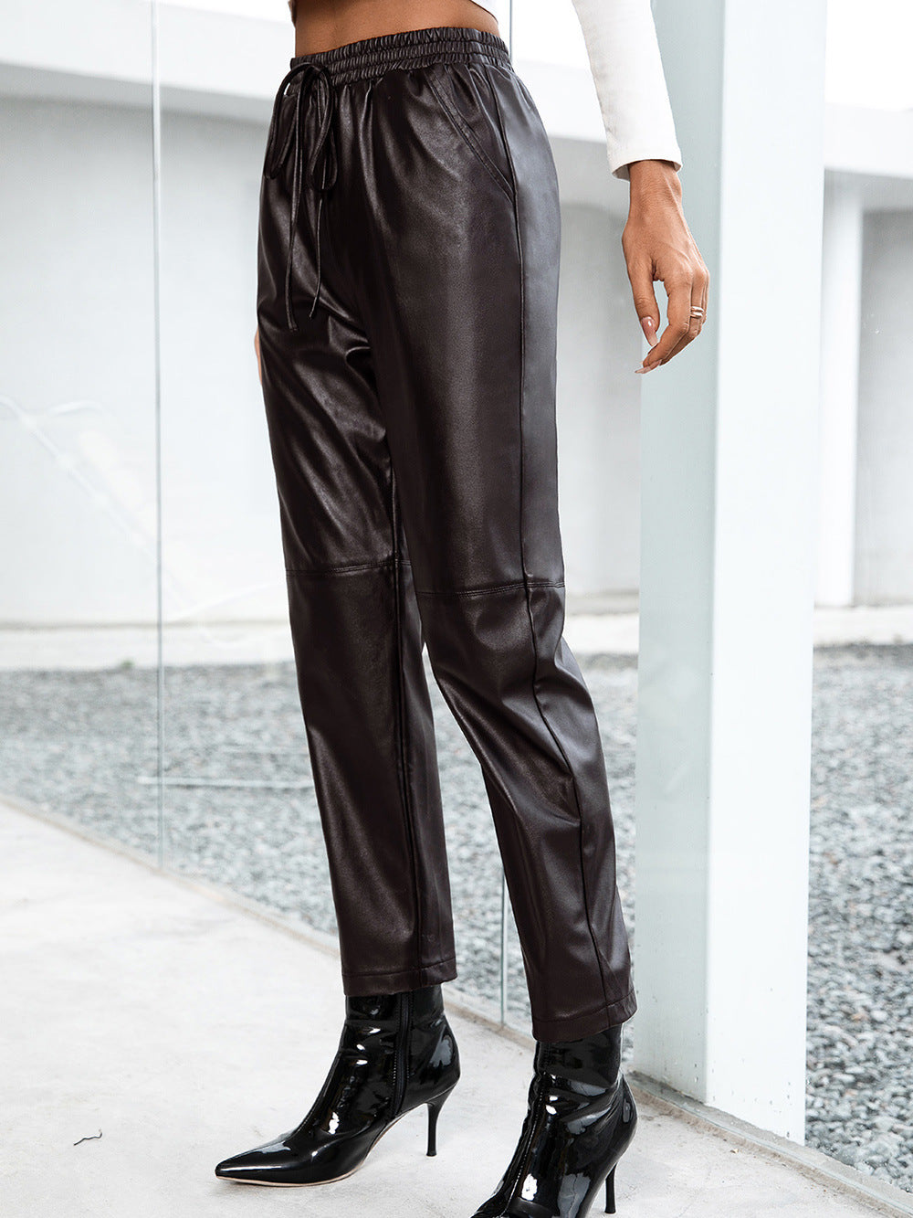 Casual Loose PU Elastic Leather Motorcycle Trousers