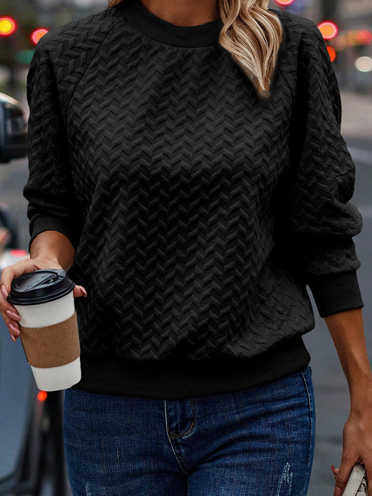 Solid Color Textured Round Neck Sweater