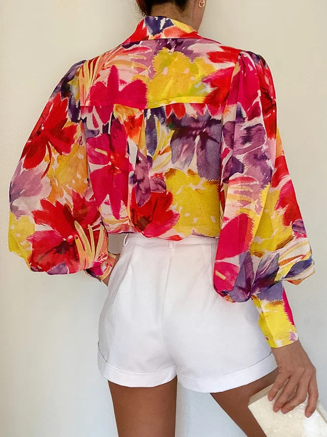 Summer Fashion Shirt for Women with Printed Lantern Sleeves