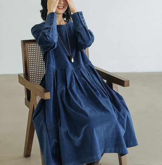 Long Sleeve Mid-length Artistic Corduroy Velvet Dress Women