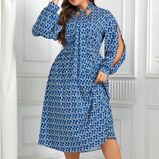 European and American High-Waisted Printed Long Puff Sleeve Dress