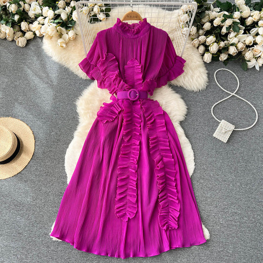 Pleated Ruffled Dress with Waist-Slimming Long Sleeves