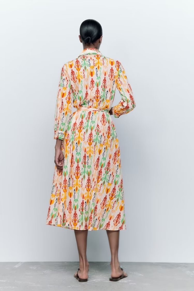 Long Sleeve With Belt Printed Dress