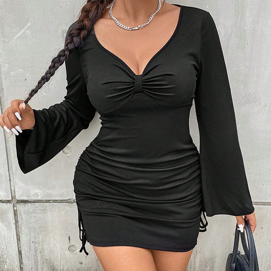 European And American Solid Color V-neck Long Sleeve Slim Slimming Sheath Dress