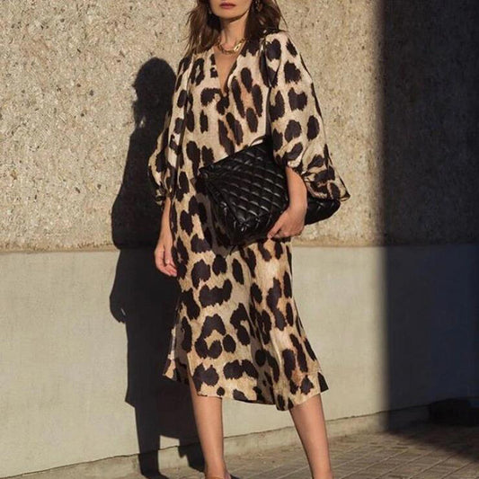 Leopard Print Loose Lantern Sleeve Dress