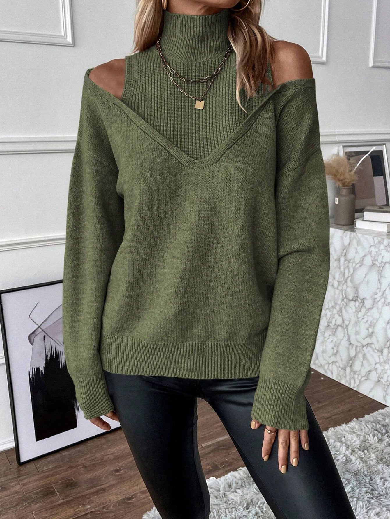 Off-the-Shoulder Half Turtleneck Solid Color Casual Sweater