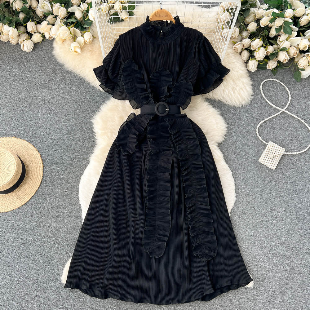 Pleated Ruffled Dress with Waist-Slimming Long Sleeves