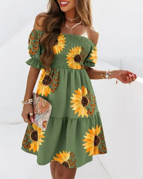 Printed Short Sleeve Dress Off-Shoulder Neckline Dress