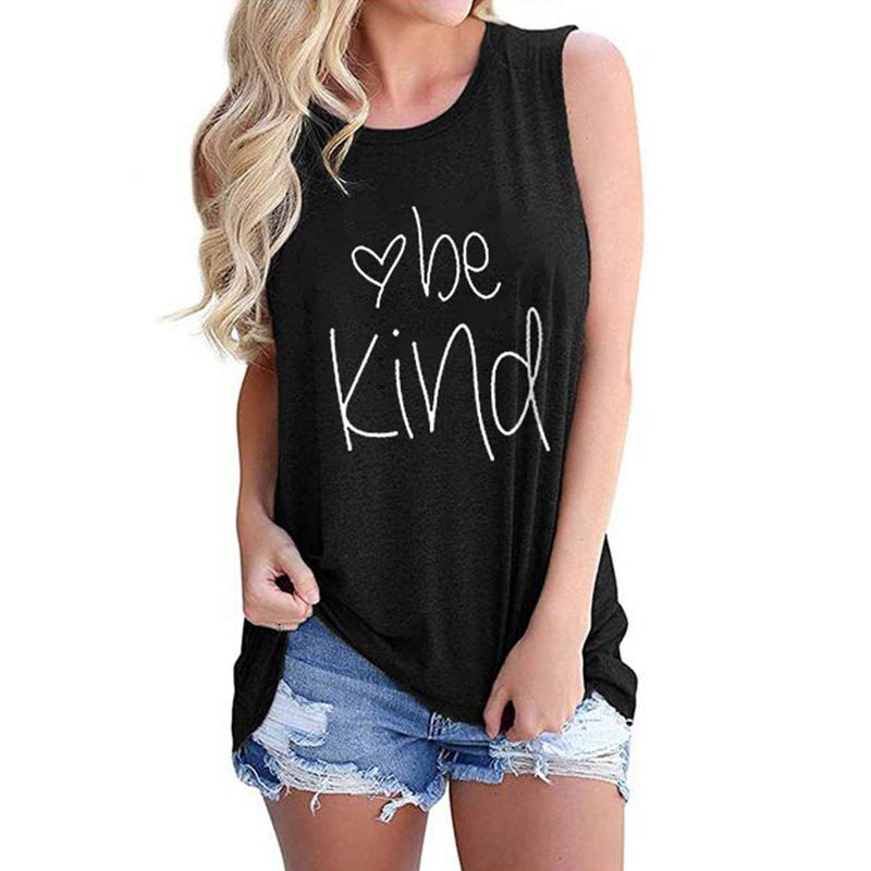 Letter Printed Round Neck Casual Sleeveless T-shirt