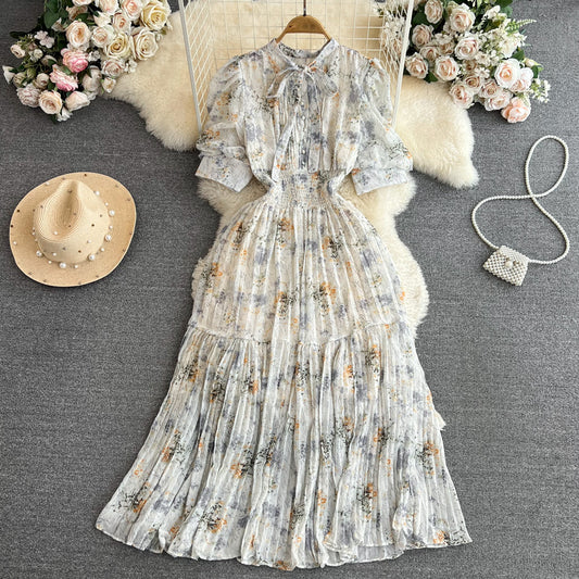 Bow Lace-up Waist A- Line Cake Floral Chiffon Dress