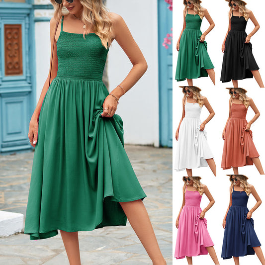 Square Collar Pleated Bohemian Strap Dress for Women