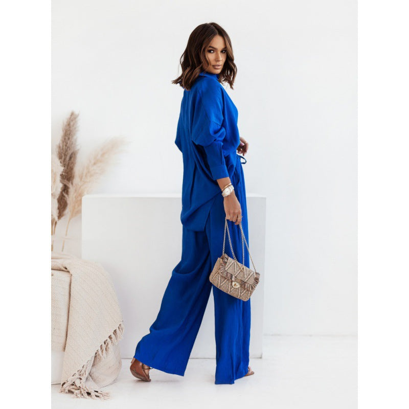 Relaxed and Comfortable: Long-Sleeved Wrinkle Shirt with Wide-Leg Pants Casual Suit