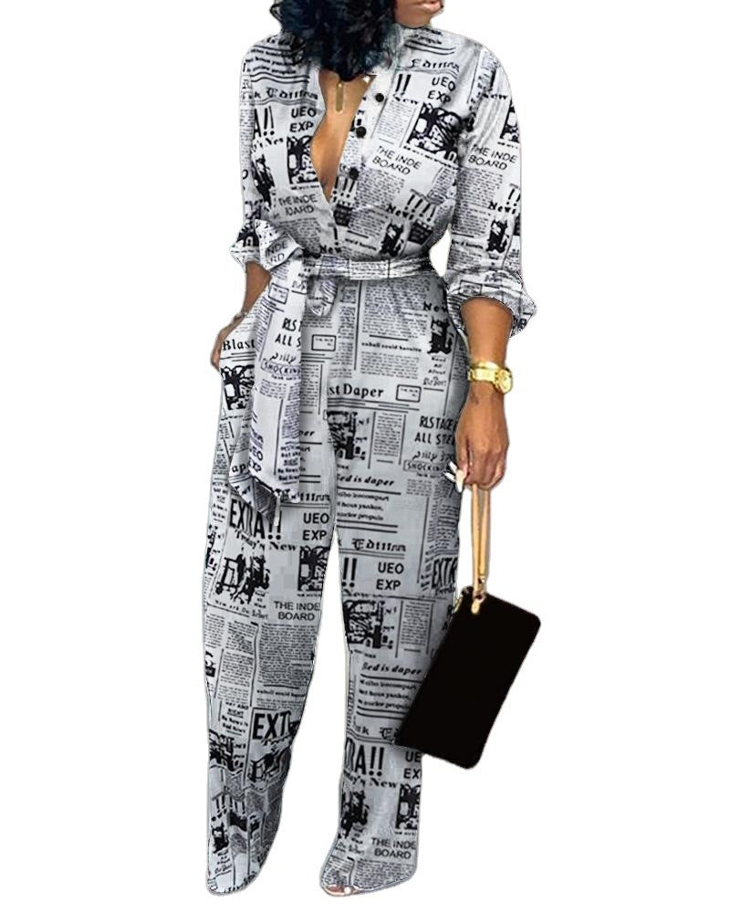 Elegant Cardigan Jumpsuit with Stitching and Print