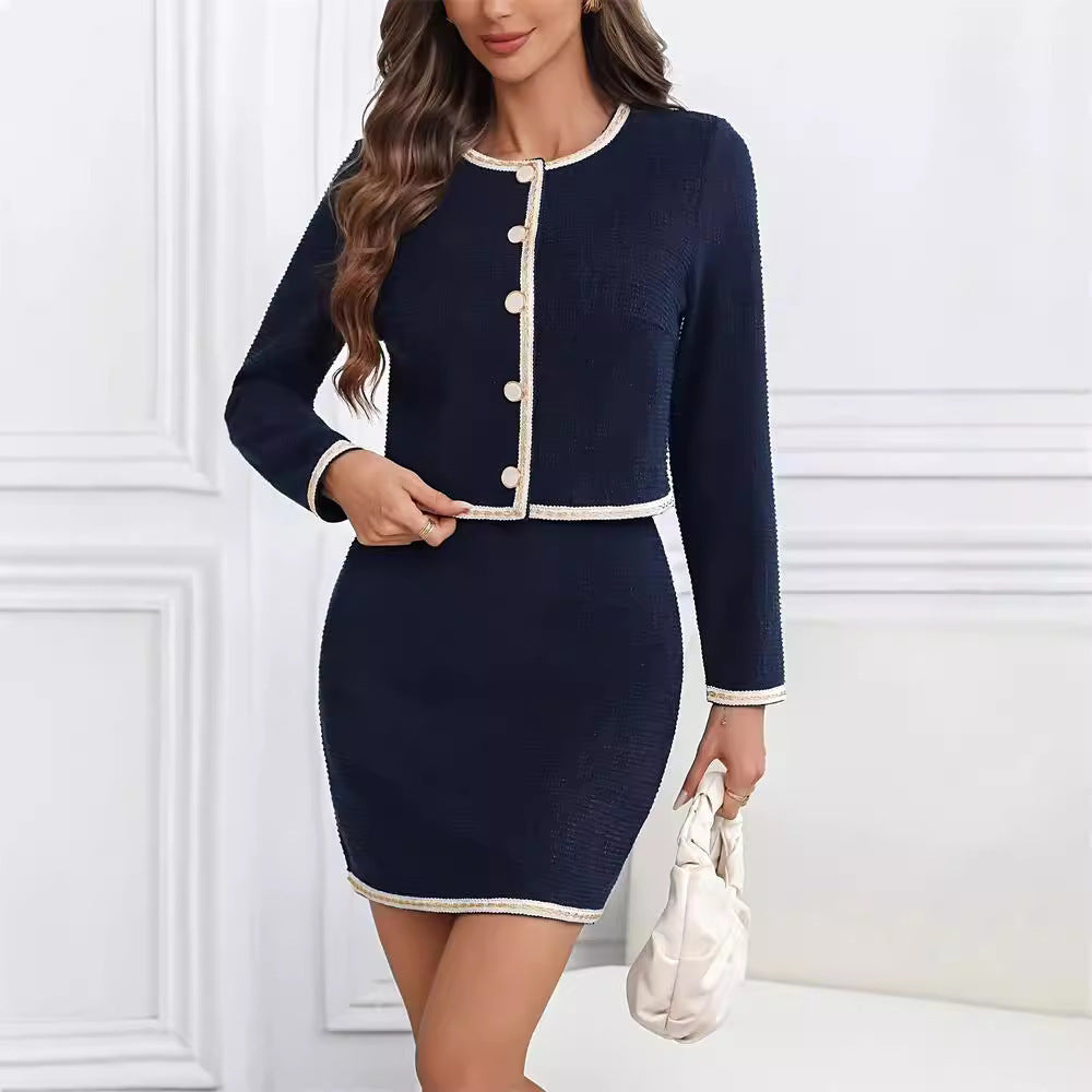 Elegant Fashion Commuter Round Neck Buttoned Chanel Style Short Coat and Mid-length Dress Set