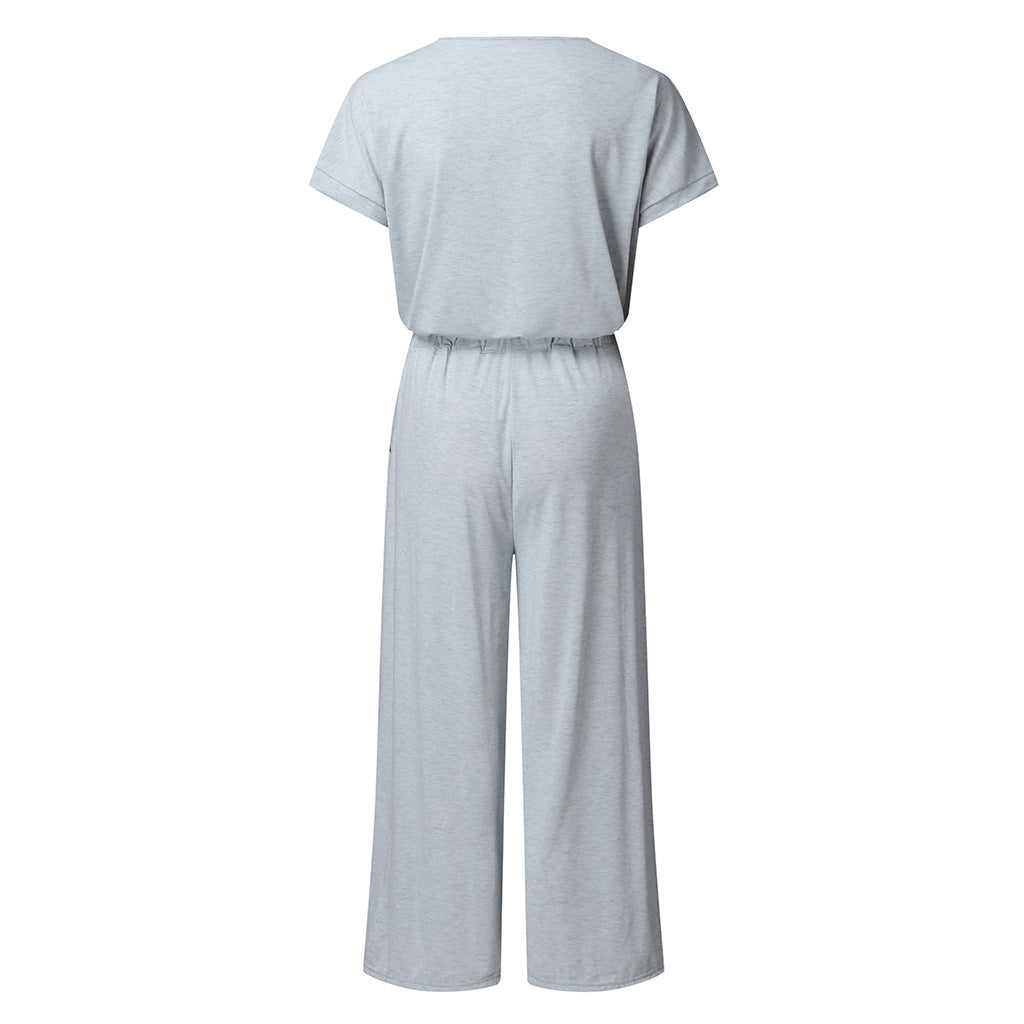 Women's V-Neck Wide-Leg Jumpsuit with Elastic Waist