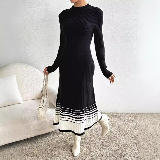 Women's Woolen Skirt Dress with Black and White Stripes