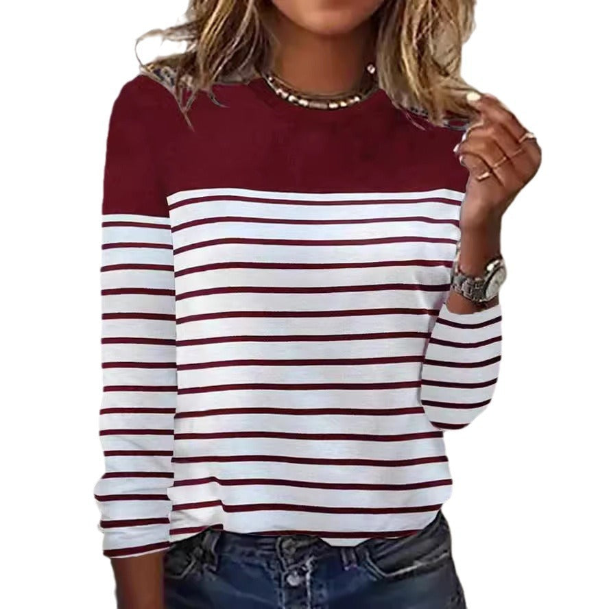 Long-Sleeve Striped Two-Tone Patchwork T-Shirt with Round Neck and Printed Design