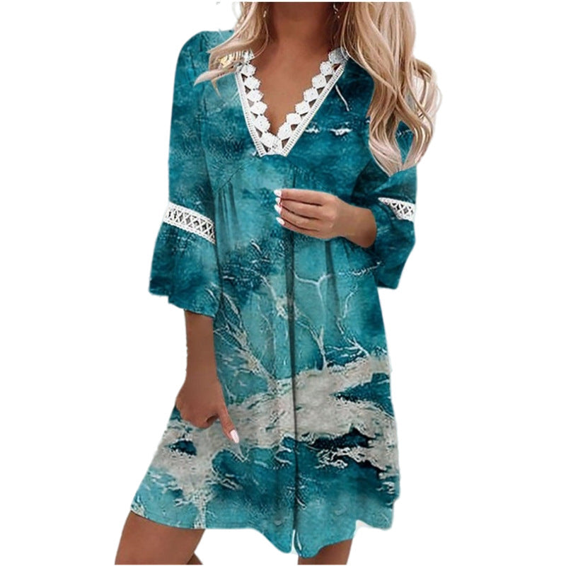 Women's Lace V-neck Patchwork Loose Casual Dress