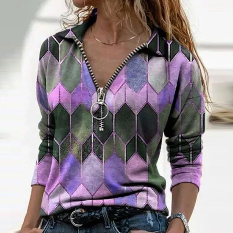 V-Neck Long Sleeve Pullover Shirt with Stitched Printed Design