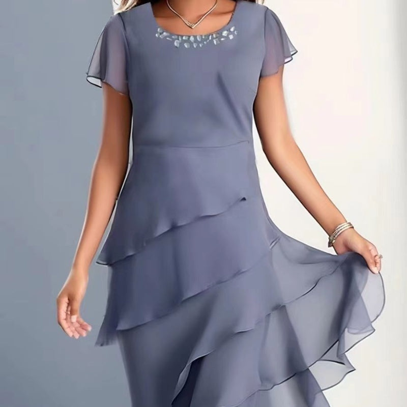 Round Neck Chiffon Patchwork Short Sleeve Dress for Women