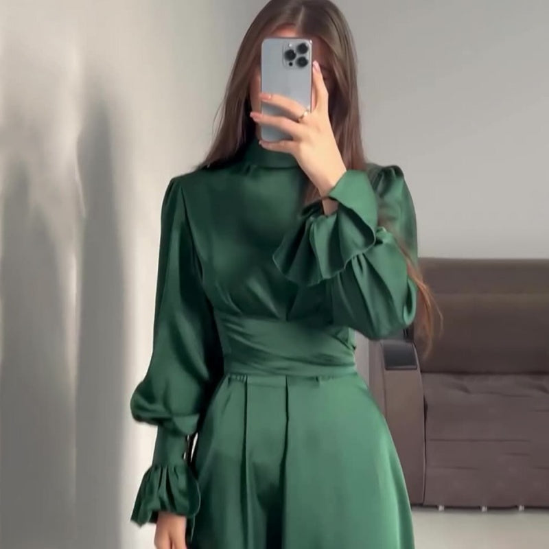 Autumn Long Sleeve Waist Puff Sleeve Green Dress