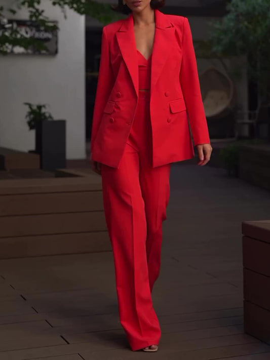 Classic Three-Piece Set: Solid Color Suit, Camisole, and High-Waisted Pants