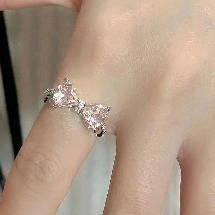 Princess's Castle Pink Zircon Bow Ring Open Index Finger