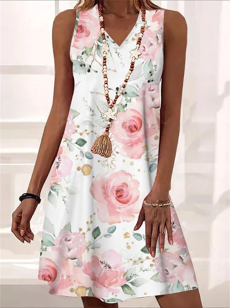 Summer V-neck Sleeveless Beach Dress Floral Print Dress for Women